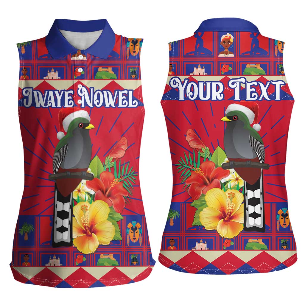 Personalized Haiti Jwaye Nowel Women Sleeveless Polo Shirt Hispaniolan Trogon With Hibiscus Flowers - Wonder Print Shop
