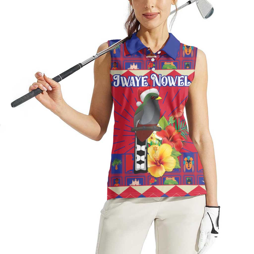 Personalized Haiti Jwaye Nowel Women Sleeveless Polo Shirt Hispaniolan Trogon With Hibiscus Flowers - Wonder Print Shop