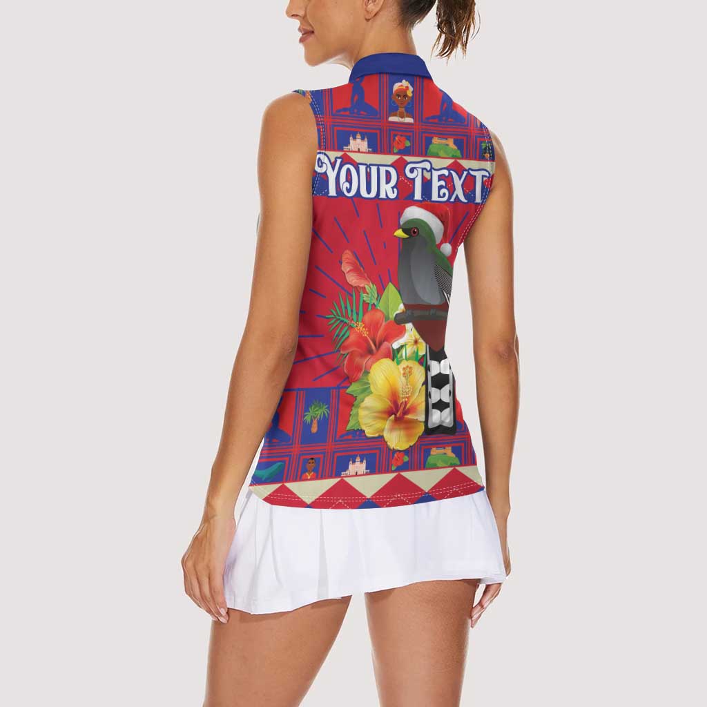 Personalized Haiti Jwaye Nowel Women Sleeveless Polo Shirt Hispaniolan Trogon With Hibiscus Flowers - Wonder Print Shop