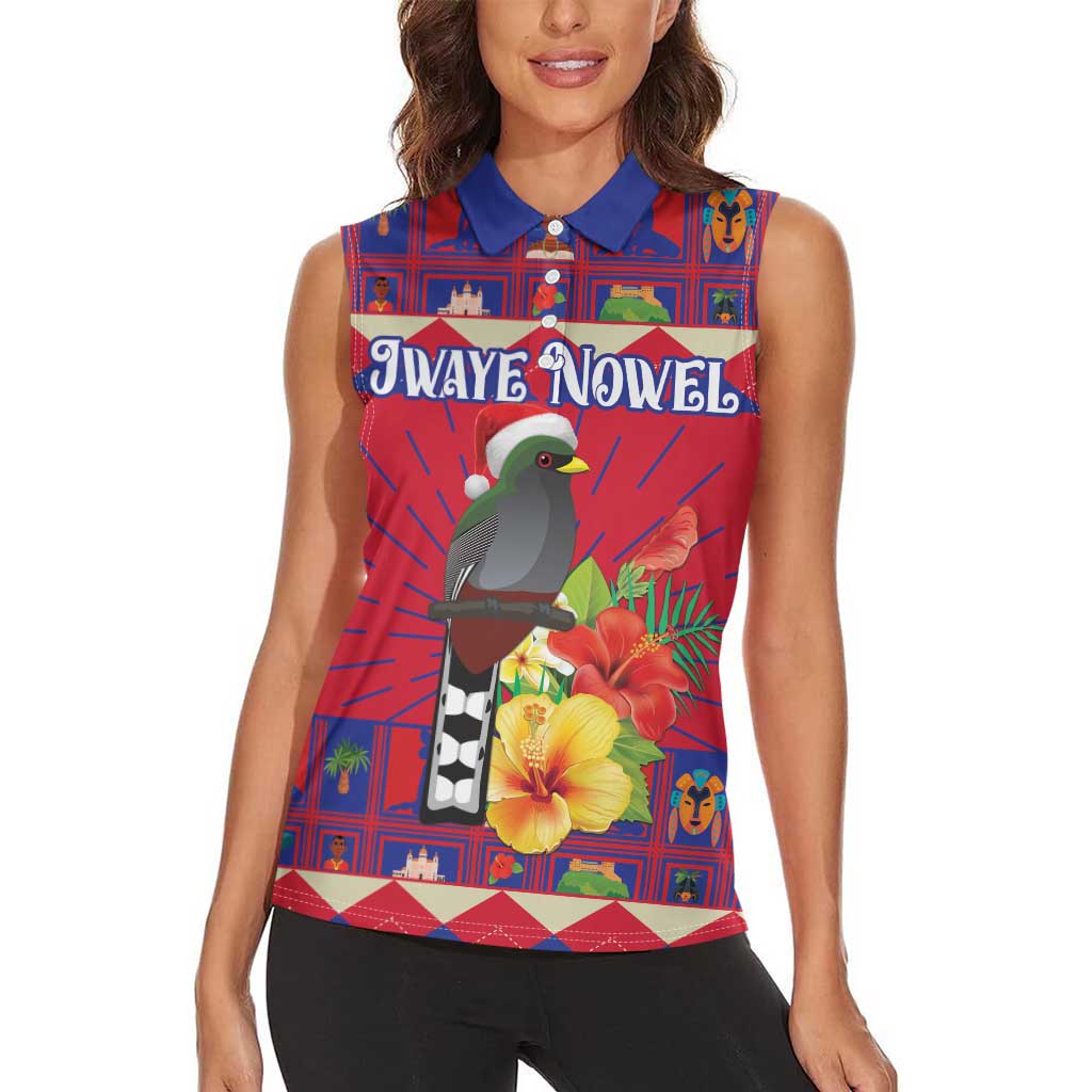 Personalized Haiti Jwaye Nowel Women Sleeveless Polo Shirt Hispaniolan Trogon With Hibiscus Flowers - Wonder Print Shop