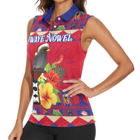 Personalized Haiti Jwaye Nowel Women Sleeveless Polo Shirt Hispaniolan Trogon With Hibiscus Flowers - Wonder Print Shop