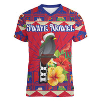 Personalized Haiti Jwaye Nowel Women V-Neck T-Shirt Hispaniolan Trogon With Hibiscus Flowers - Wonder Print Shop