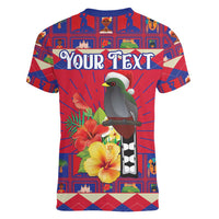 Personalized Haiti Jwaye Nowel Women V-Neck T-Shirt Hispaniolan Trogon With Hibiscus Flowers - Wonder Print Shop