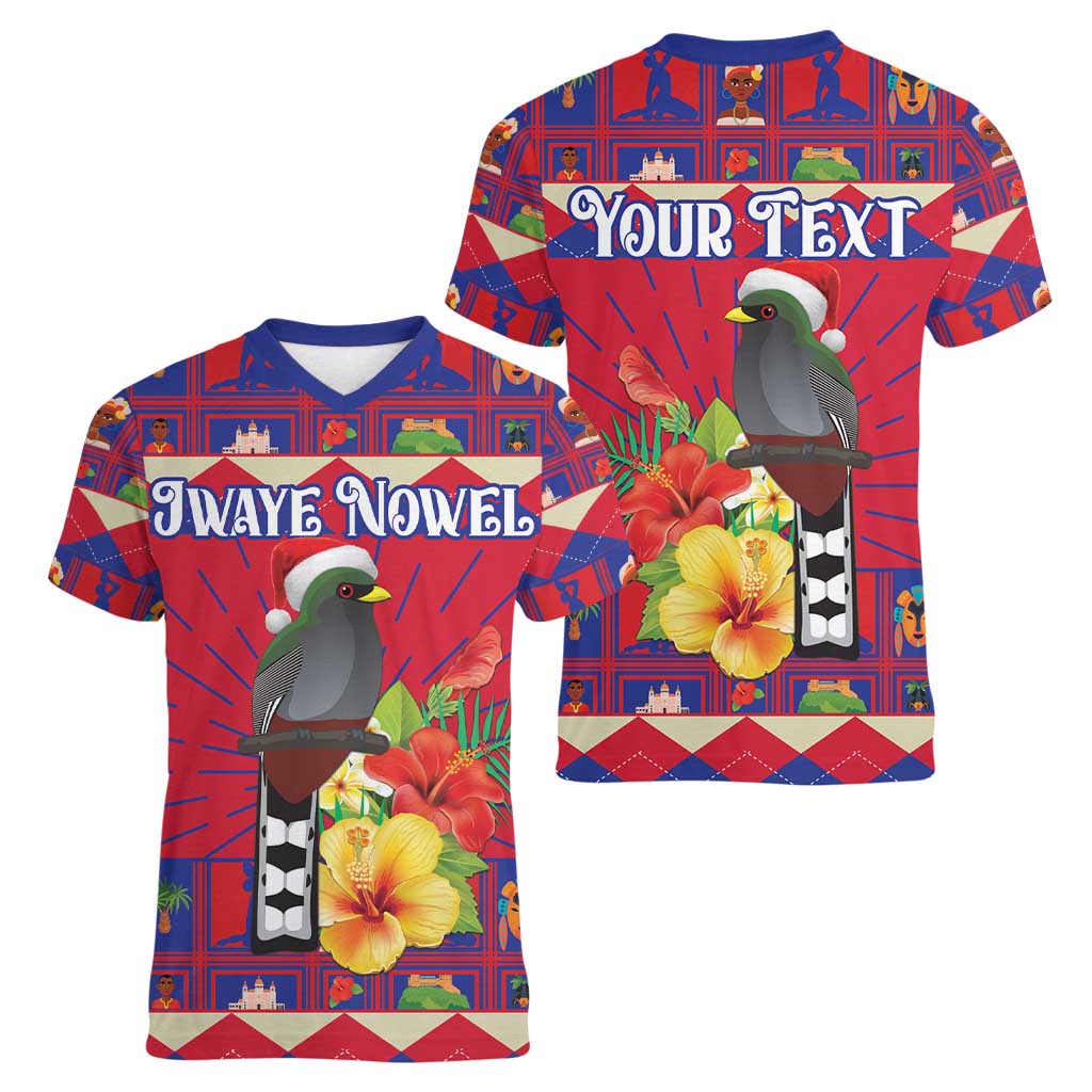 Personalized Haiti Jwaye Nowel Women V-Neck T-Shirt Hispaniolan Trogon With Hibiscus Flowers - Wonder Print Shop