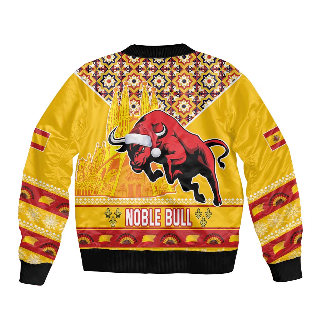 Spain Christmas Bomber Jacket Noble Bull With Sagrada Famlia - Wonder Print Shop