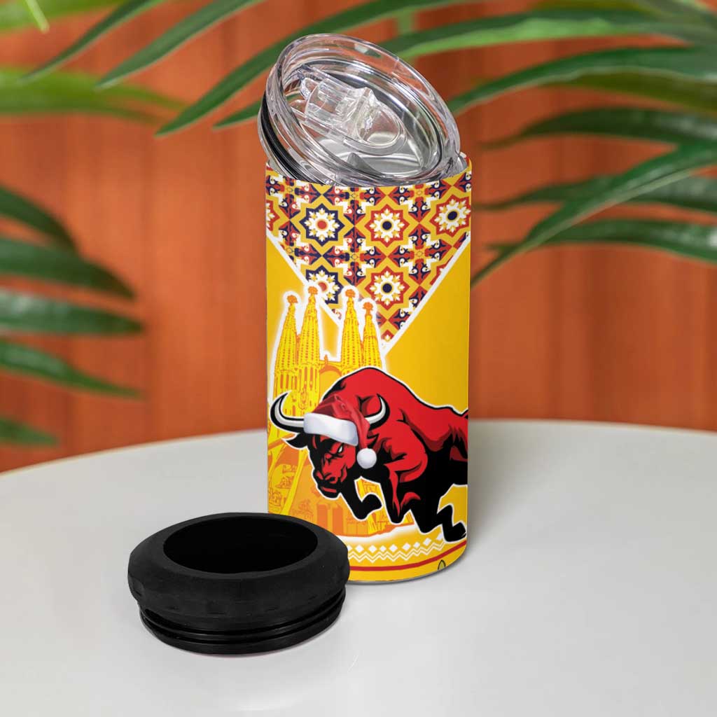 Spain Christmas 4 in 1 Can Cooler Tumbler Noble Bull With Sagrada Famlia - Wonder Print Shop