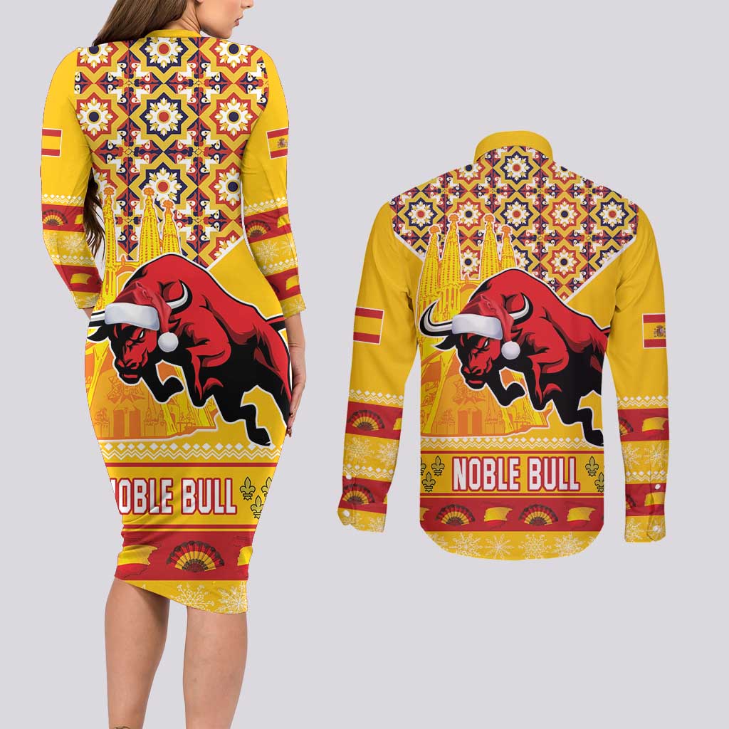 Spain Christmas Couples Matching Long Sleeve Bodycon Dress and Long Sleeve Button Shirt Noble Bull With Sagrada Famlia - Wonder Print Shop