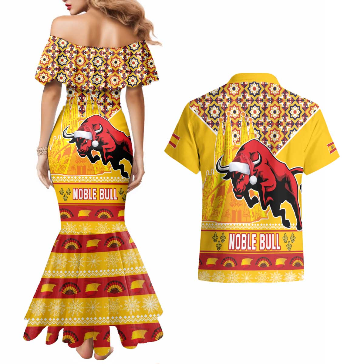 Spain Christmas Couples Matching Mermaid Dress and Hawaiian Shirt Noble Bull With Sagrada Famlia - Wonder Print Shop