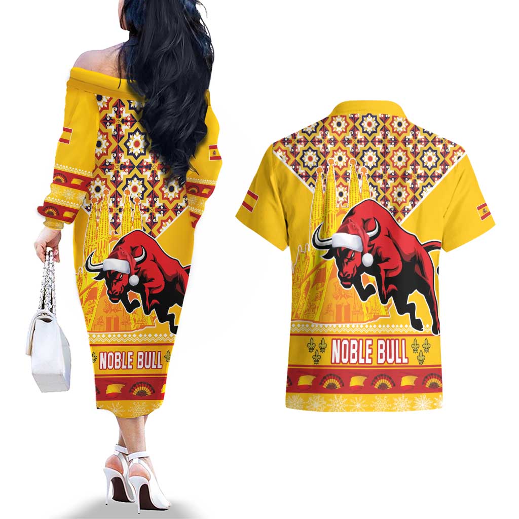 Spain Christmas Couples Matching Off The Shoulder Long Sleeve Dress and Hawaiian Shirt Noble Bull With Sagrada Famlia - Wonder Print Shop