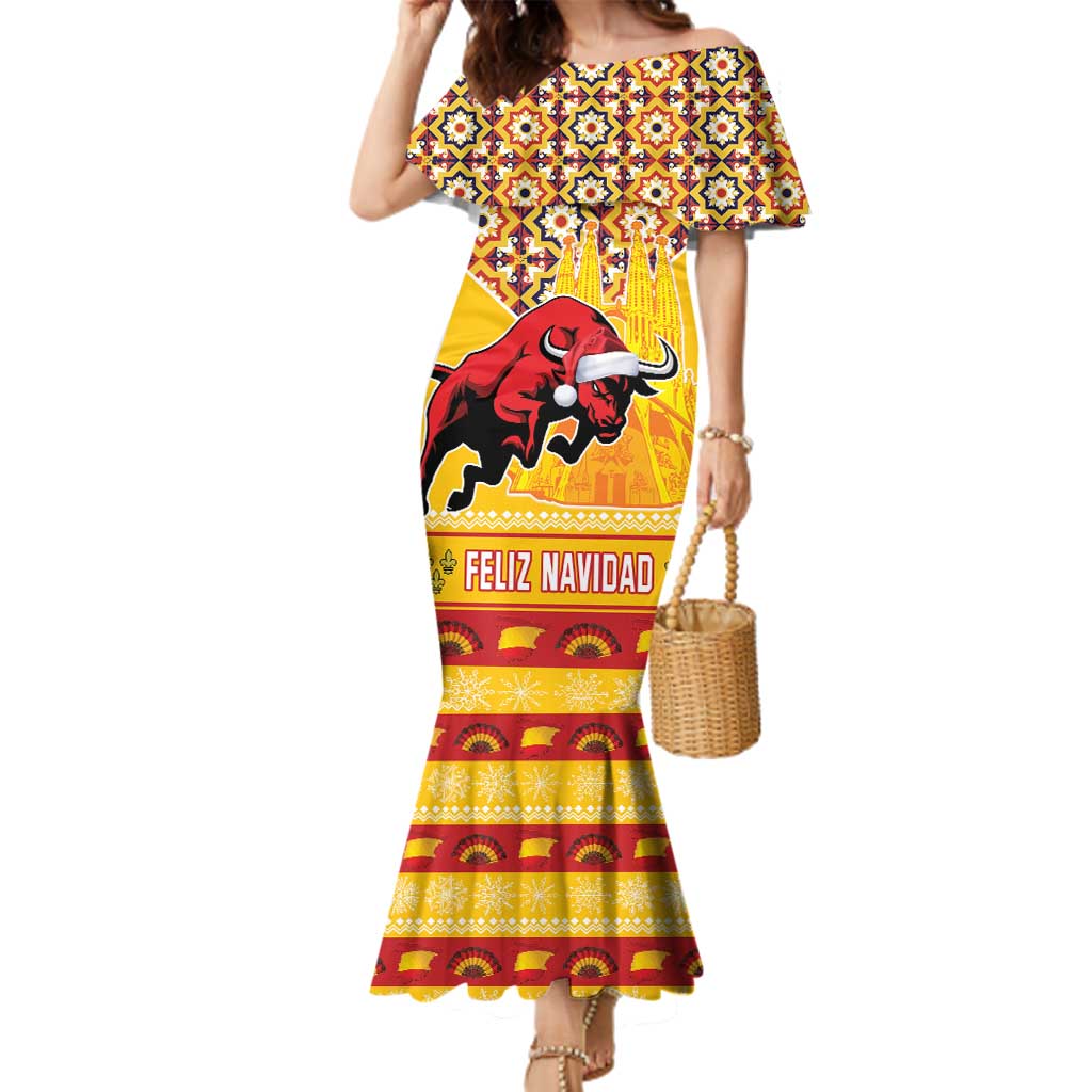 Spain Christmas Family Matching Mermaid Dress and Hawaiian Shirt Noble Bull With Sagrada Famlia - Wonder Print Shop