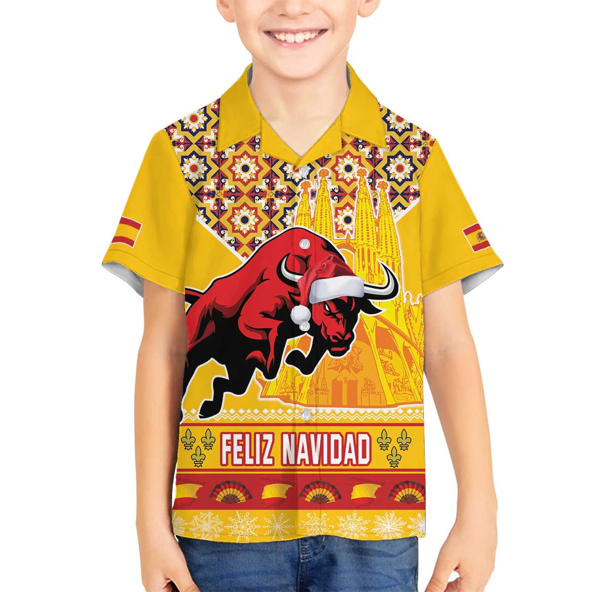 Spain Christmas Family Matching Off The Shoulder Long Sleeve Dress and Hawaiian Shirt Noble Bull With Sagrada Famlia - Wonder Print Shop