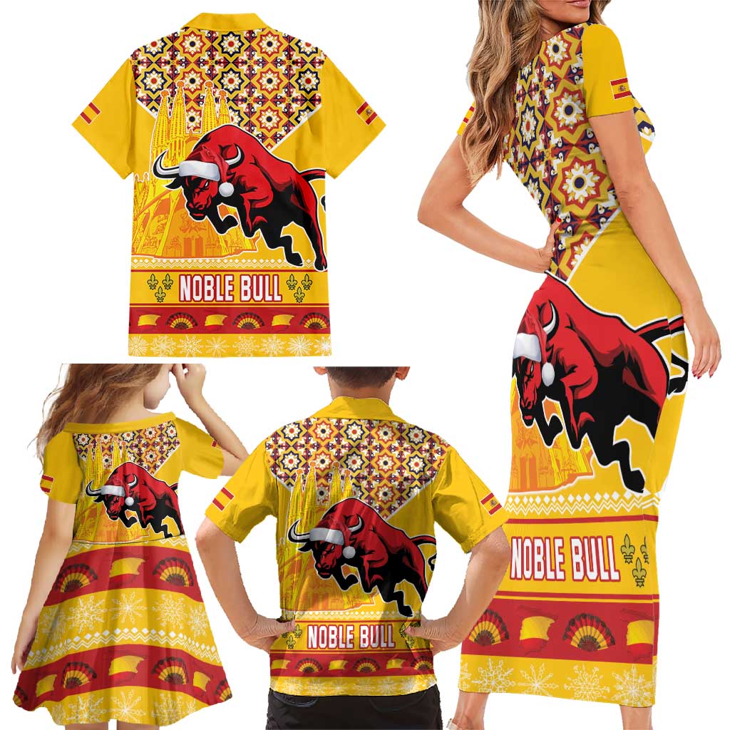 Spain Christmas Family Matching Short Sleeve Bodycon Dress and Hawaiian Shirt Noble Bull With Sagrada Famlia - Wonder Print Shop