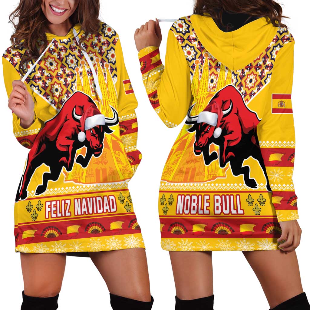Spain Christmas Hoodie Dress Noble Bull With Sagrada Famlia - Wonder Print Shop