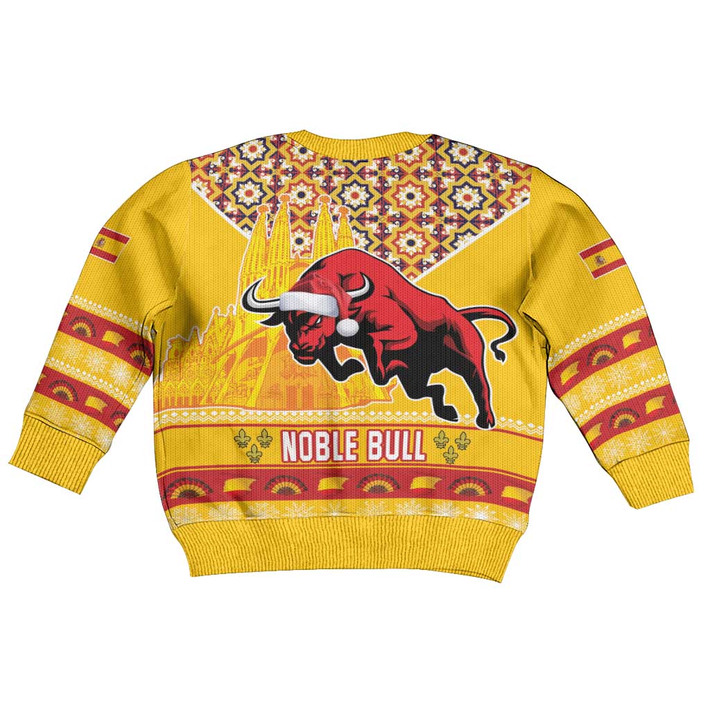 Spain Christmas Kid Ugly Christmas Sweater Noble Bull With Sagrada Famlia - Wonder Print Shop