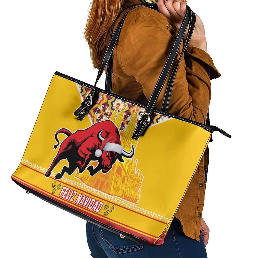 Spain Christmas Leather Tote Bag Noble Bull With Sagrada Famlia - Wonder Print Shop