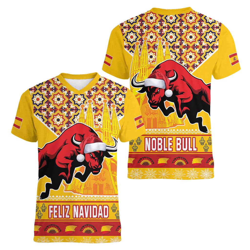 Spain Christmas Women V-Neck T-Shirt Noble Bull With Sagrada Famlia - Wonder Print Shop