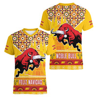 Spain Christmas Women V-Neck T-Shirt Noble Bull With Sagrada Famlia - Wonder Print Shop