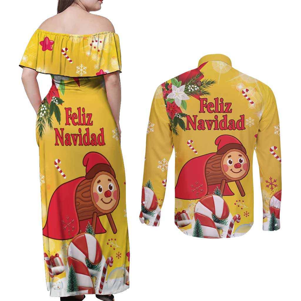 Spain Tio de Nadal Christmas Couples Matching Off Shoulder Maxi Dress and Long Sleeve Button Shirt Traditional Christmas Log Yellow Version - Wonder Print Shop