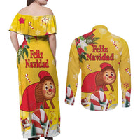 Spain Tio de Nadal Christmas Couples Matching Off Shoulder Maxi Dress and Long Sleeve Button Shirt Traditional Christmas Log Yellow Version - Wonder Print Shop