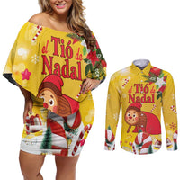 Spain Tio de Nadal Christmas Couples Matching Off Shoulder Short Dress and Long Sleeve Button Shirt Traditional Christmas Log Yellow Version - Wonder Print Shop
