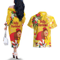 Spain Tio de Nadal Christmas Couples Matching Off The Shoulder Long Sleeve Dress and Hawaiian Shirt Traditional Christmas Log Yellow Version - Wonder Print Shop