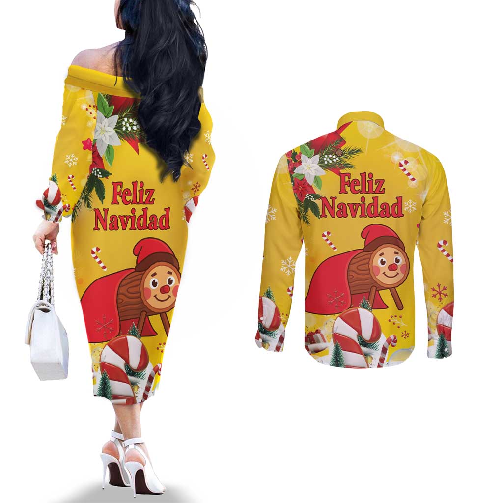Spain Tió de Nadal Christmas Couples Matching Off The Shoulder Long Sleeve Dress and Long Sleeve Button Shirt Traditional Christmas Log Yellow Version