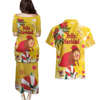 Spain Tio de Nadal Christmas Couples Matching Puletasi and Hawaiian Shirt Traditional Christmas Log Yellow Version - Wonder Print Shop