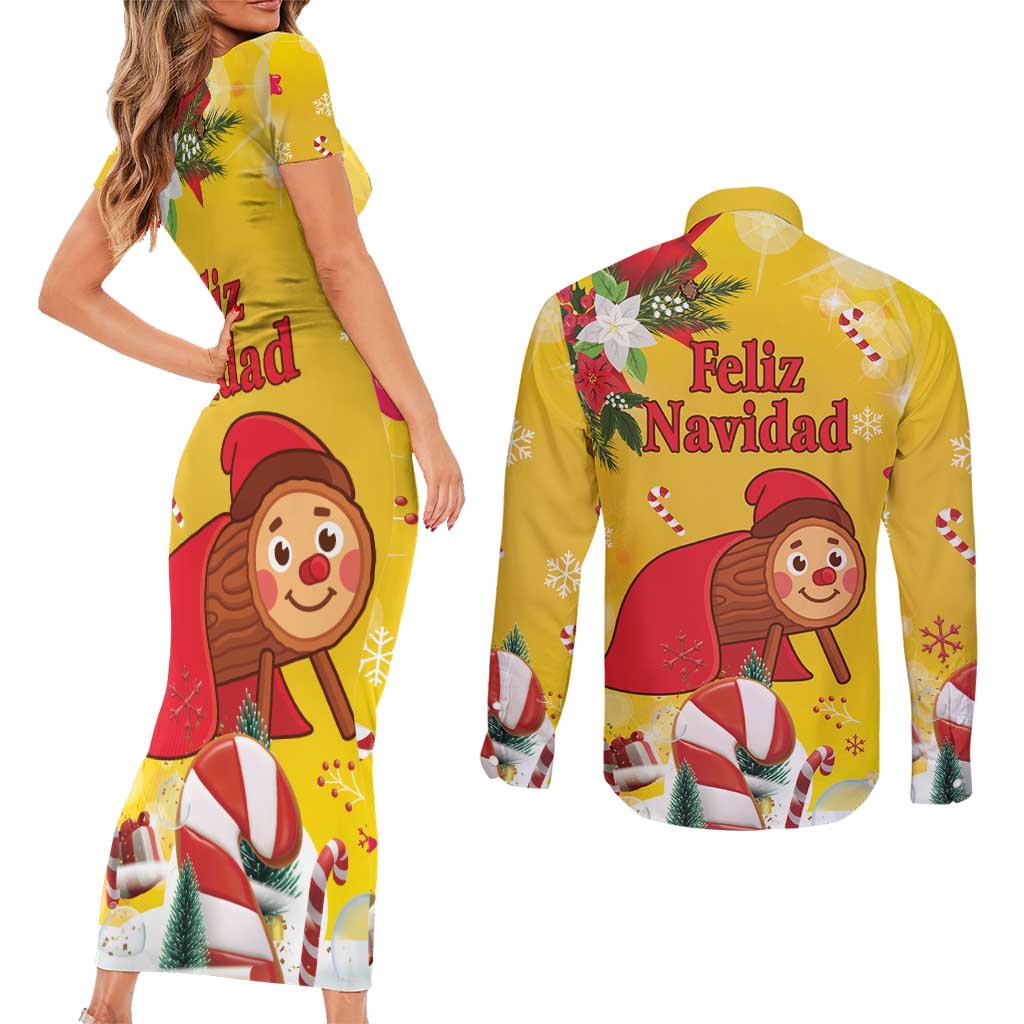 Spain Tio de Nadal Christmas Couples Matching Short Sleeve Bodycon Dress and Long Sleeve Button Shirt Traditional Christmas Log Yellow Version - Wonder Print Shop
