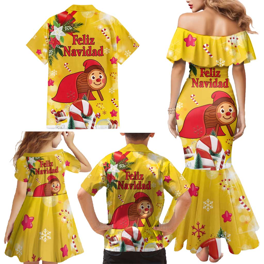 Spain Tio de Nadal Christmas Family Matching Mermaid Dress and Hawaiian Shirt Traditional Christmas Log Yellow Version - Wonder Print Shop