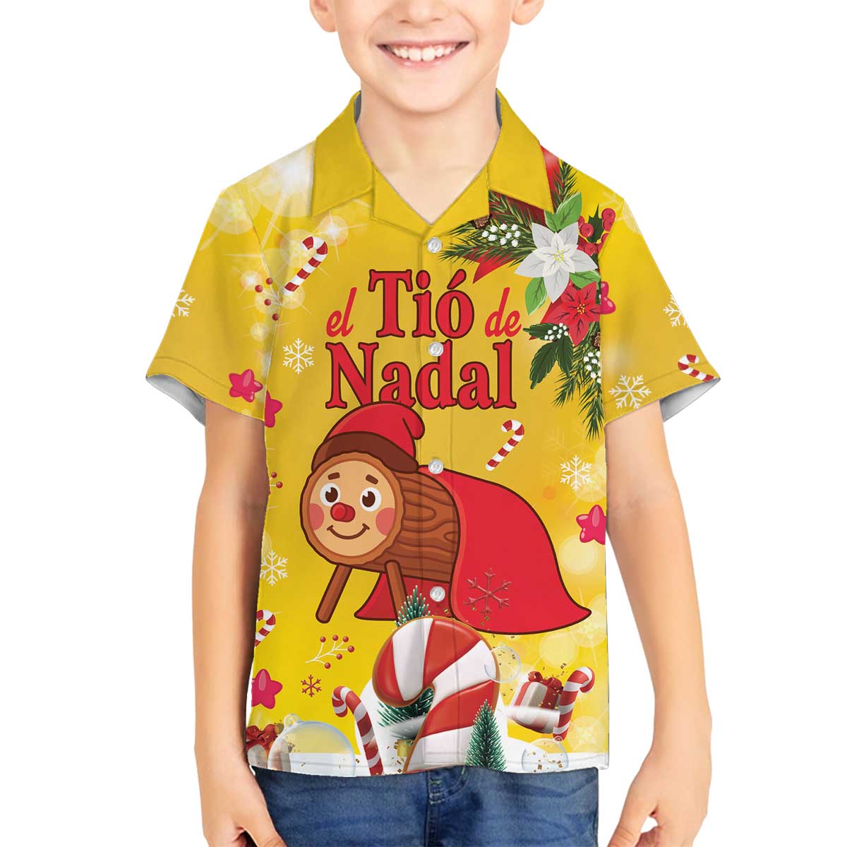 Spain Tio de Nadal Christmas Family Matching Off The Shoulder Long Sleeve Dress and Hawaiian Shirt Traditional Christmas Log Yellow Version - Wonder Print Shop