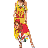 Spain Tio de Nadal Christmas Family Matching Summer Maxi Dress and Hawaiian Shirt Traditional Christmas Log Yellow Version - Wonder Print Shop