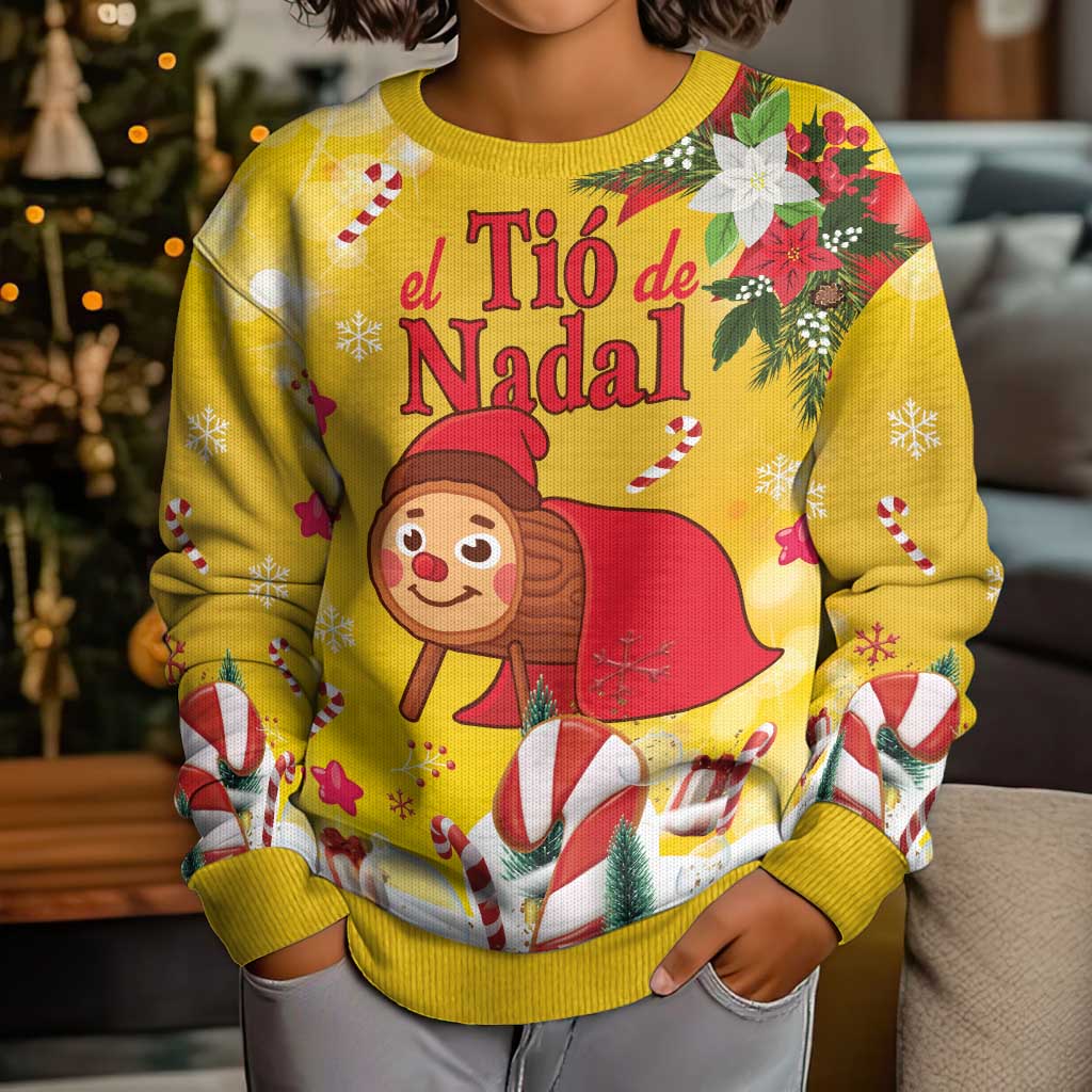 Spain Tio de Nadal Christmas Kid Ugly Christmas Sweater Traditional Christmas Log Yellow Version - Wonder Print Shop