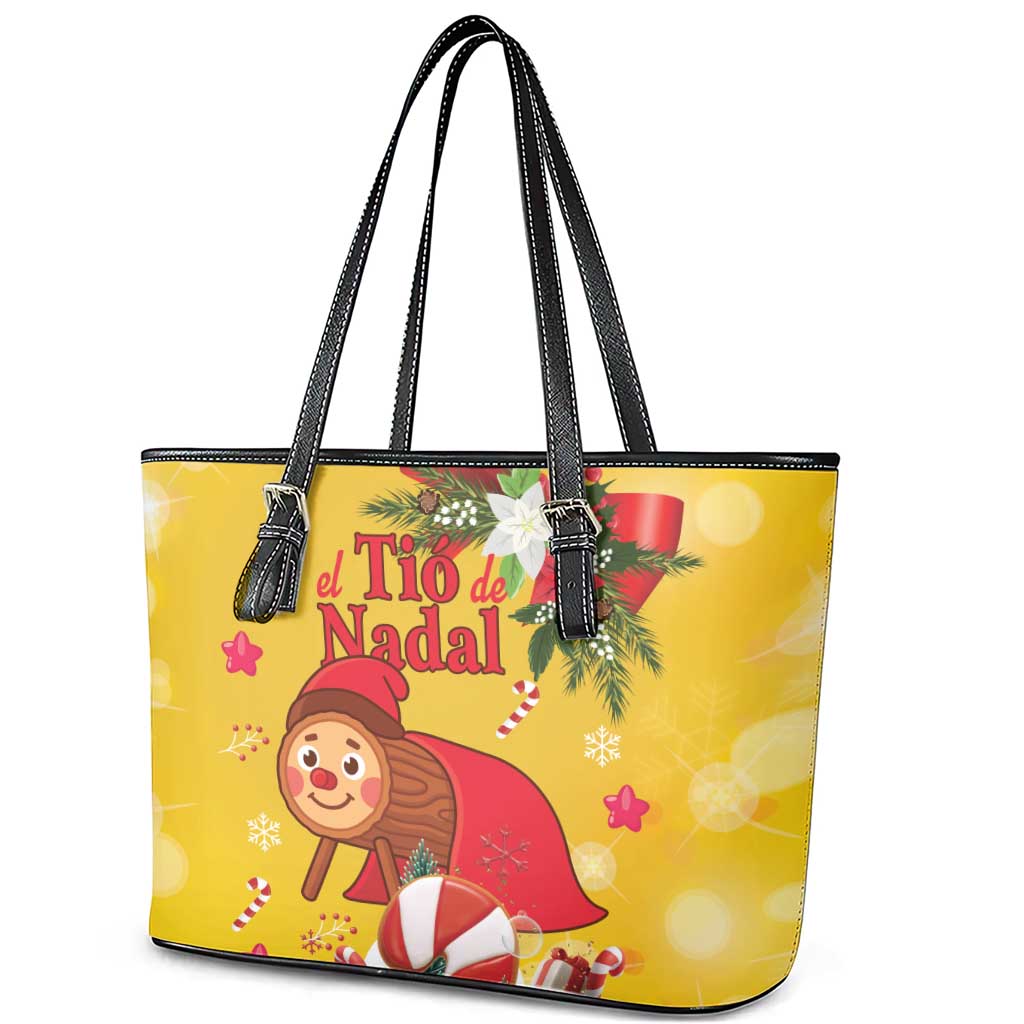 Spain Tio de Nadal Christmas Leather Tote Bag Traditional Christmas Log Yellow Version - Wonder Print Shop