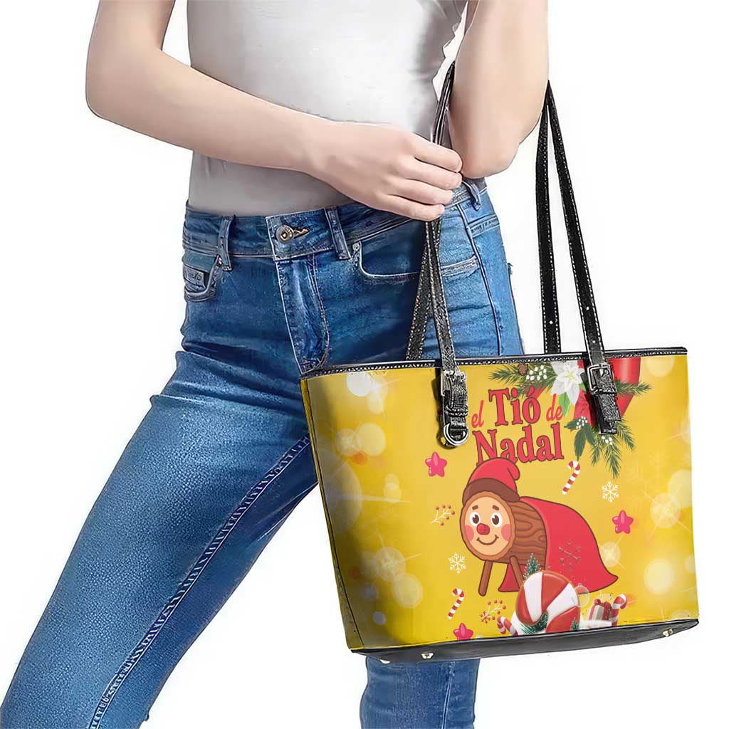 Spain Tio de Nadal Christmas Leather Tote Bag Traditional Christmas Log Yellow Version - Wonder Print Shop