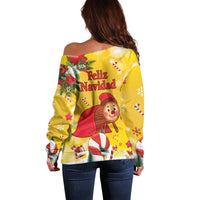 Spain Tio de Nadal Christmas Off Shoulder Sweater Traditional Christmas Log Yellow Version - Wonder Print Shop