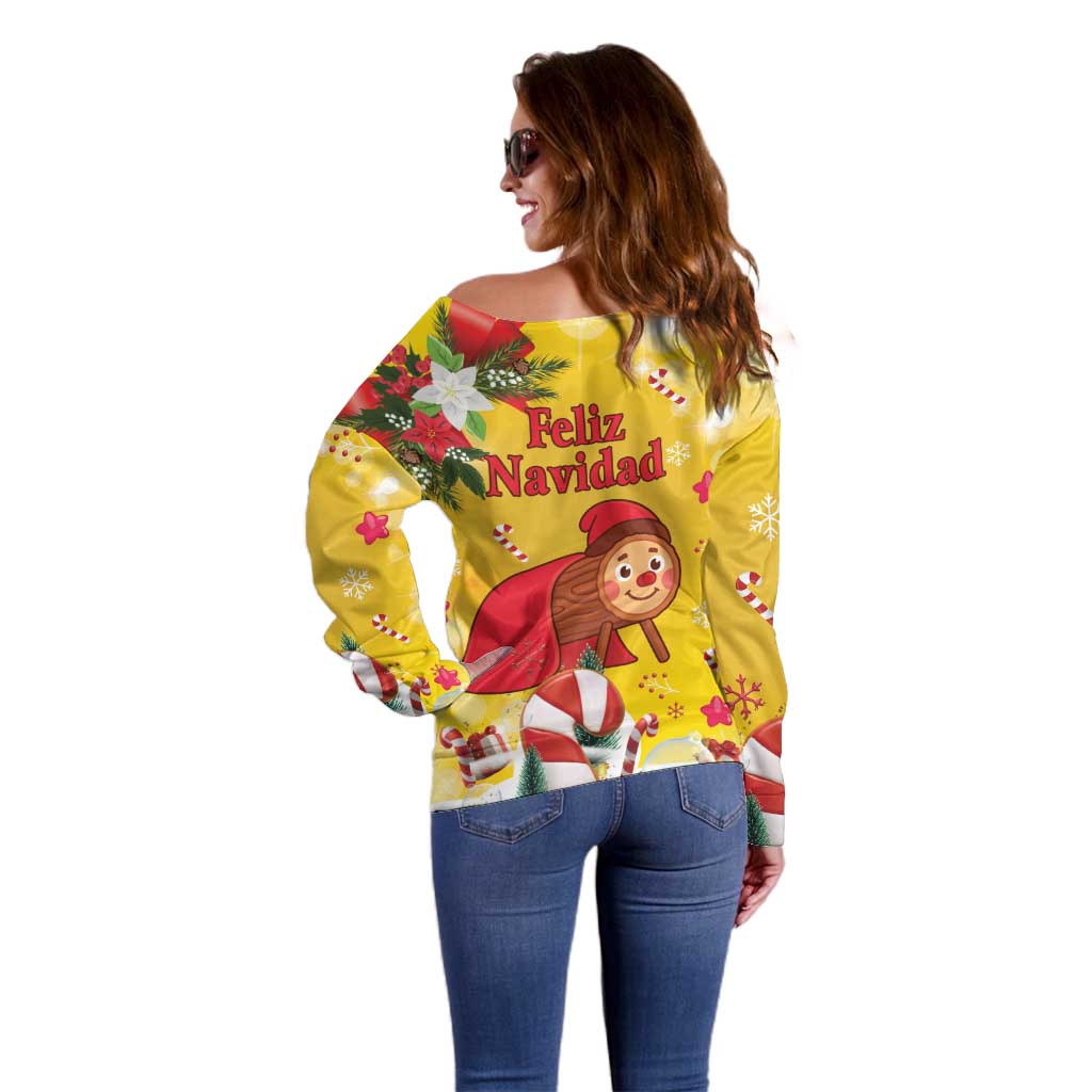 Spain Tio de Nadal Christmas Off Shoulder Sweater Traditional Christmas Log Yellow Version - Wonder Print Shop