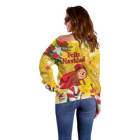 Spain Tio de Nadal Christmas Off Shoulder Sweater Traditional Christmas Log Yellow Version - Wonder Print Shop