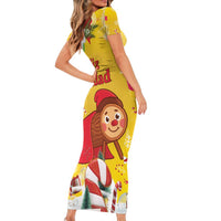 Spain Tio de Nadal Christmas Short Sleeve Bodycon Dress Traditional Christmas Log Yellow Version - Wonder Print Shop