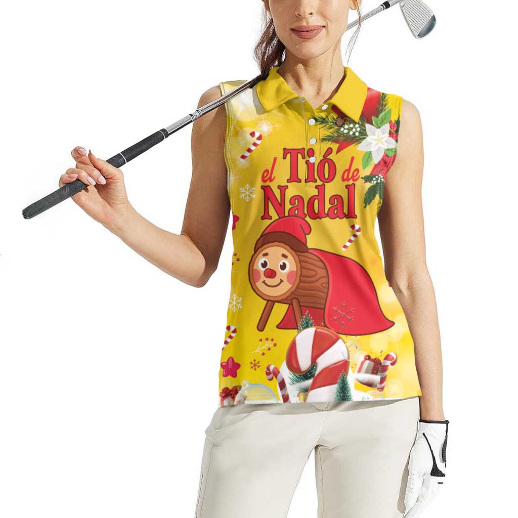 Spain Tio de Nadal Christmas Women Sleeveless Polo Shirt Traditional Christmas Log Yellow Version - Wonder Print Shop