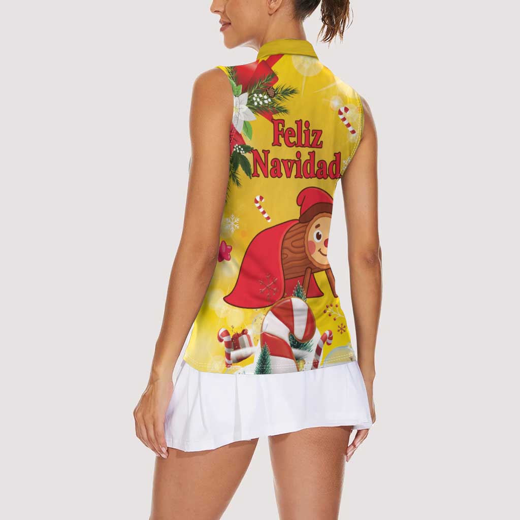 Spain Tio de Nadal Christmas Women Sleeveless Polo Shirt Traditional Christmas Log Yellow Version - Wonder Print Shop
