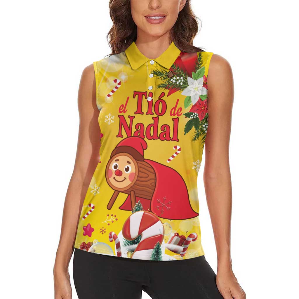 Spain Tio de Nadal Christmas Women Sleeveless Polo Shirt Traditional Christmas Log Yellow Version - Wonder Print Shop