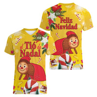 Spain Tio de Nadal Christmas Women V-Neck T-Shirt Traditional Christmas Log Yellow Version - Wonder Print Shop