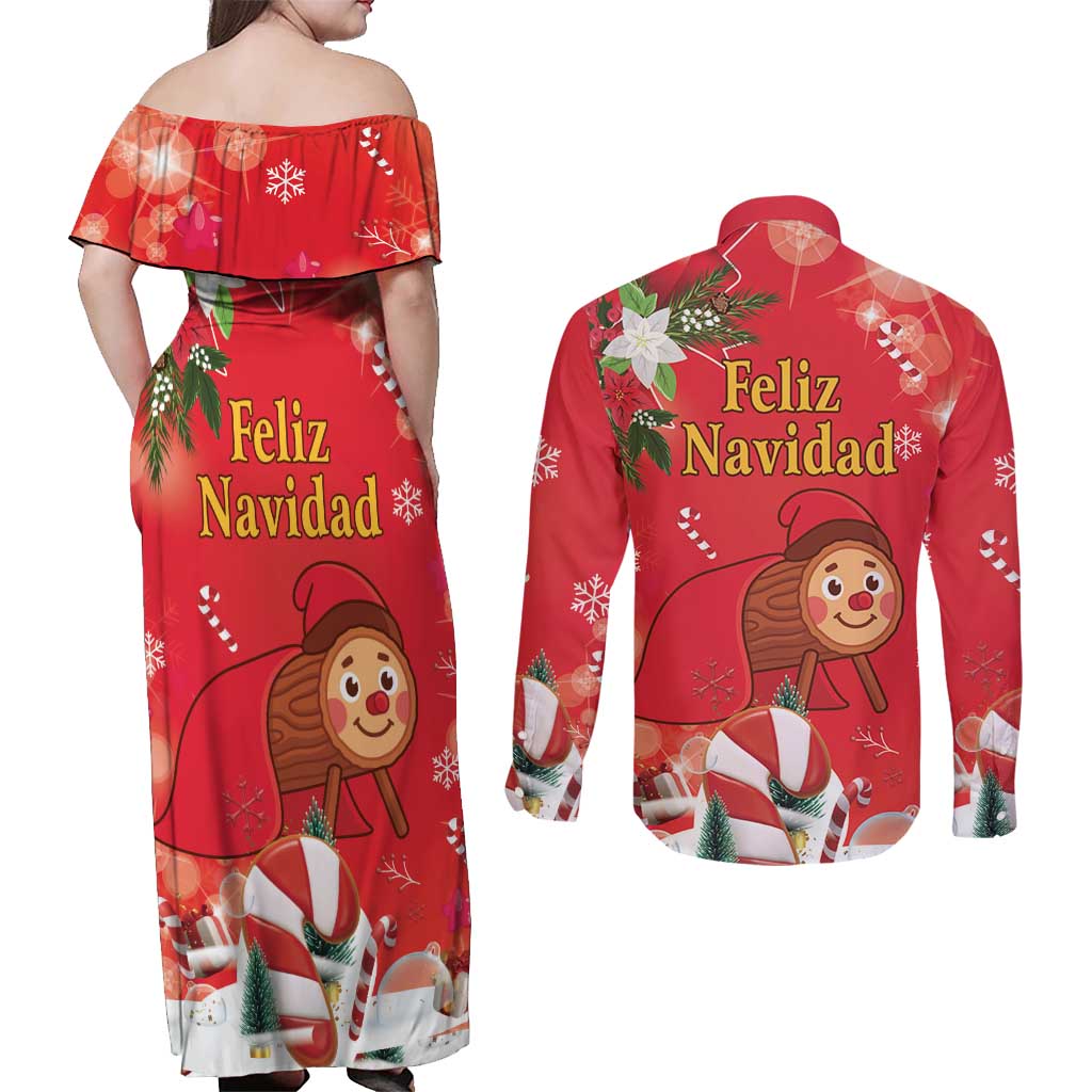 Spain Tio de Nadal Christmas Couples Matching Off Shoulder Maxi Dress and Long Sleeve Button Shirt Traditional Christmas Log Red Version - Wonder Print Shop