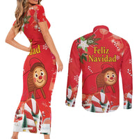 Spain Tio de Nadal Christmas Couples Matching Short Sleeve Bodycon Dress and Long Sleeve Button Shirt Traditional Christmas Log Red Version - Wonder Print Shop