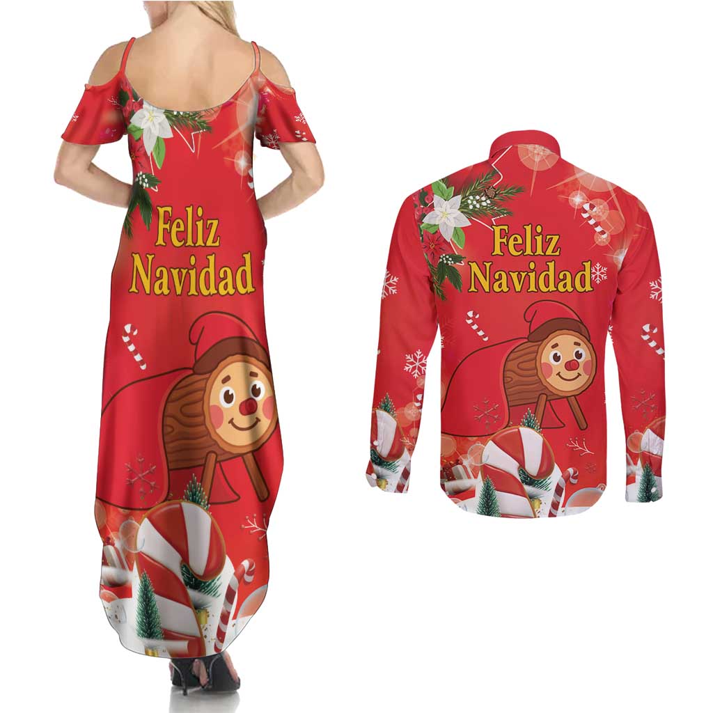 Spain Tio de Nadal Christmas Couples Matching Summer Maxi Dress and Long Sleeve Button Shirt Traditional Christmas Log Red Version - Wonder Print Shop