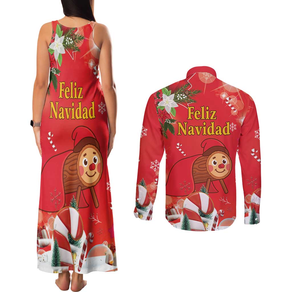 Spain Tio de Nadal Christmas Couples Matching Tank Maxi Dress and Long Sleeve Button Shirt Traditional Christmas Log Red Version - Wonder Print Shop