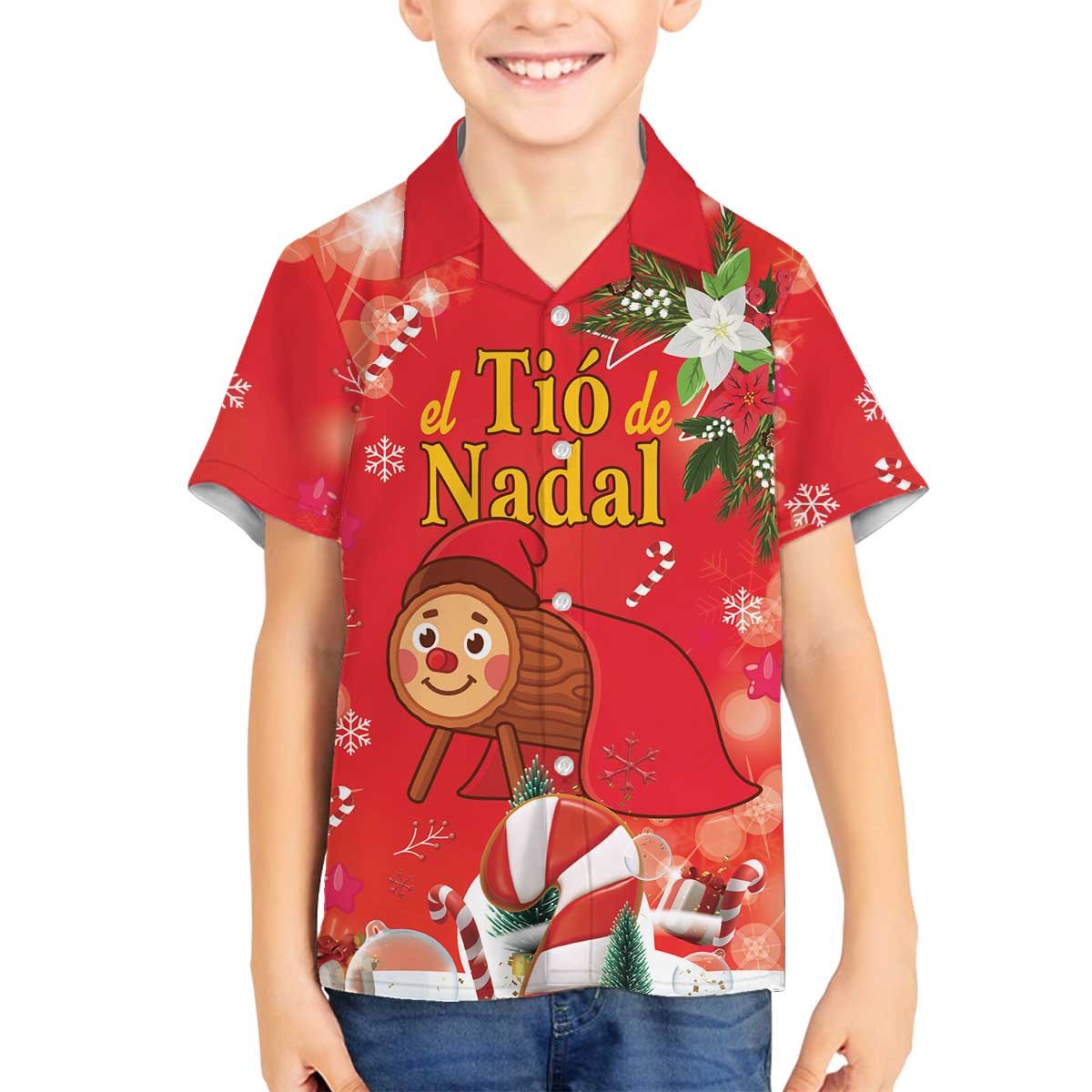 Spain Tio de Nadal Christmas Family Matching Off The Shoulder Long Sleeve Dress and Hawaiian Shirt Traditional Christmas Log Red Version - Wonder Print Shop