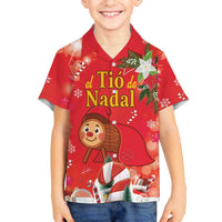 Spain Tio de Nadal Christmas Family Matching Off The Shoulder Long Sleeve Dress and Hawaiian Shirt Traditional Christmas Log Red Version - Wonder Print Shop