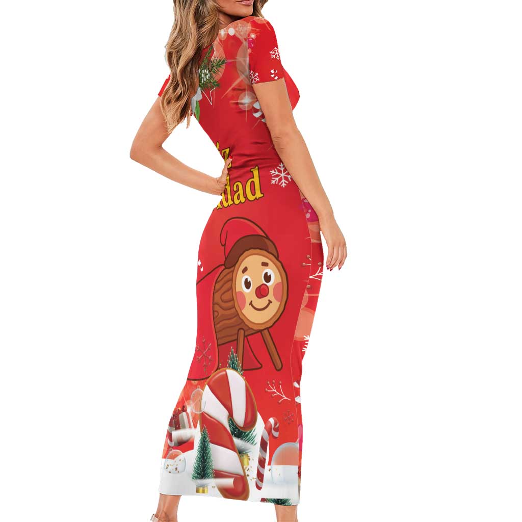 Spain Tio de Nadal Christmas Family Matching Short Sleeve Bodycon Dress and Hawaiian Shirt Traditional Christmas Log Red Version - Wonder Print Shop