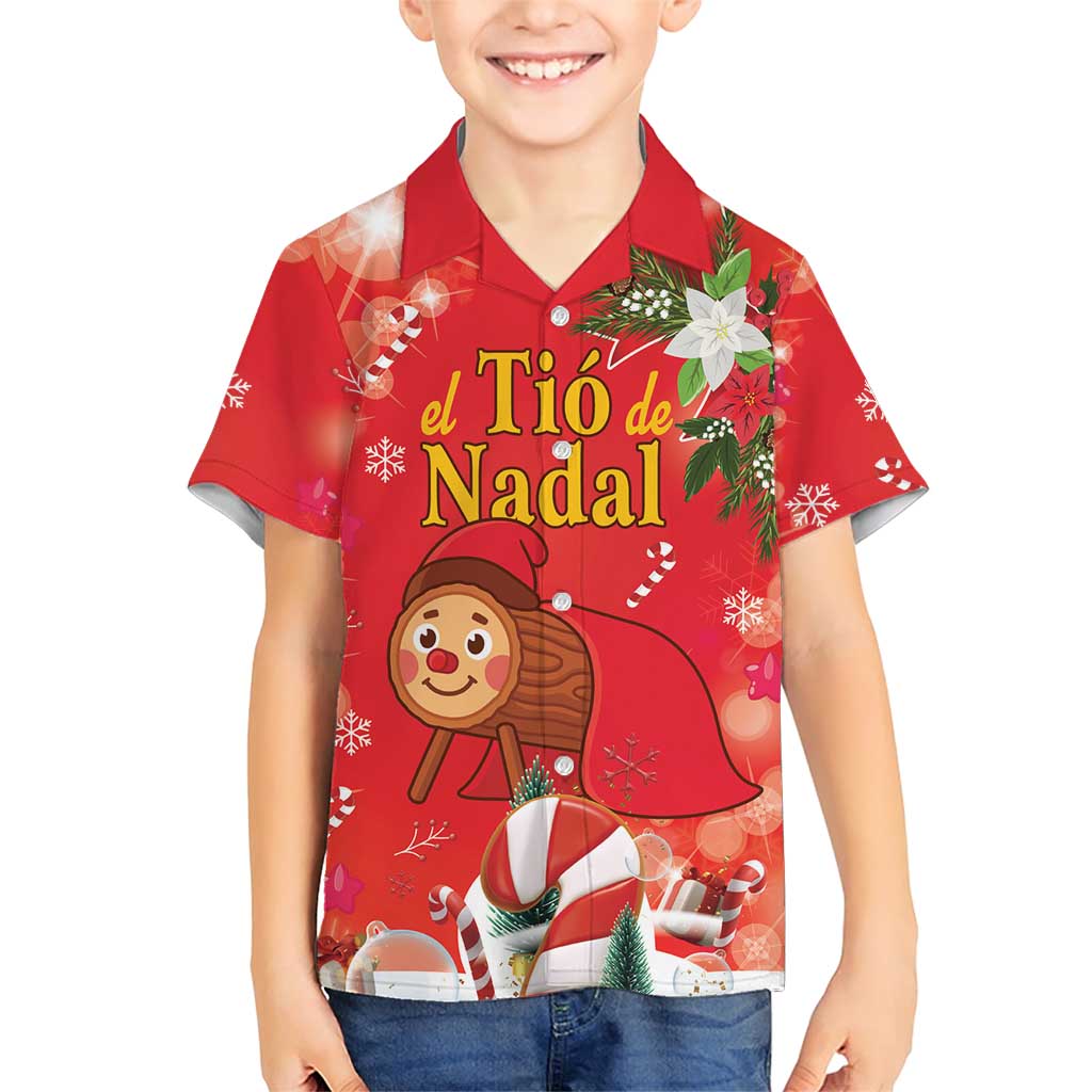 Spain Tio de Nadal Christmas Family Matching Short Sleeve Bodycon Dress and Hawaiian Shirt Traditional Christmas Log Red Version - Wonder Print Shop